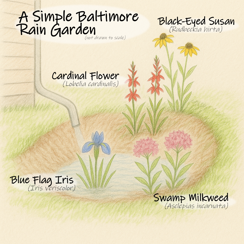 A computer generated image in the style of a hand-drawn colored pencil illustration. It depicts a small residential rain garden. The image title is "A Simple Baltimore Rain Garden." A downspout from a house drains water into a shallow basin with a small puddle. In the basin grow a blue flag iris and two swamp milkweeds. On the slope above are two red cardinal flowers. At the top uphill slope are two yellow black-eyed susans. The garden is surrounded by green grass and has an organic, natural shape. A computer generated image in the style of a hand-drawn colored pencil illustration. It depicts a small residential rain garden. The image title is "A Simple Baltimore Rain Garden." A downspout from a house drains water into a shallow basin with a small puddle. In the basin grow a blue flag iris and two swamp milkweeds. On the slope above are two red cardinal flowers. At the top uphill slope are two yellow black-eyed susans. The garden is surrounded by green grass and has an organic, natural shape.